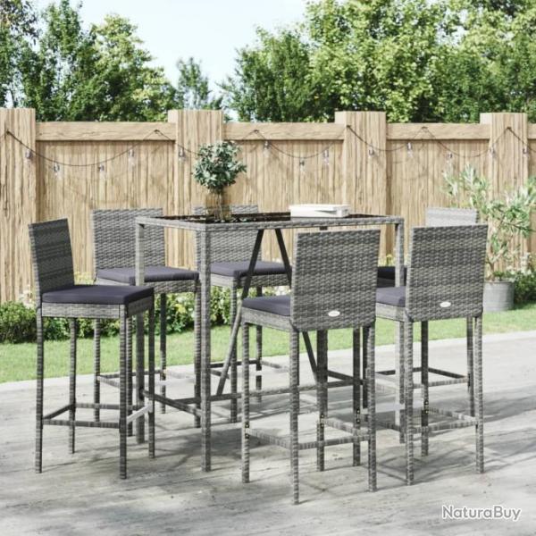 Ensemble de bar de jardin 7 pcs avec coussins gris poly rotin