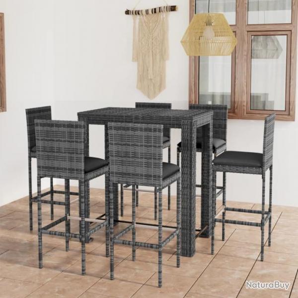 Ensemble de bar de jardin 7 pcs et coussins Rsine tresse Gris