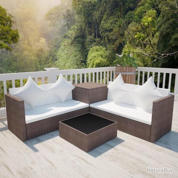 Salon de jardin 4 pcs avec coussins Rsine tresse Marron