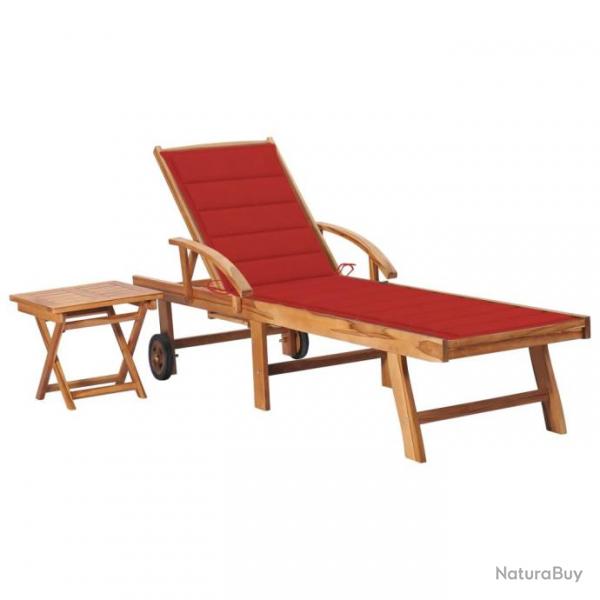 Chaise longue avec table et coussin Bois de teck solide