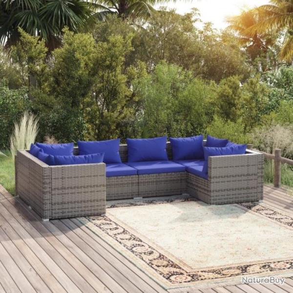 Salon de jardin 6 pcs avec coussins Rsine tresse Gris