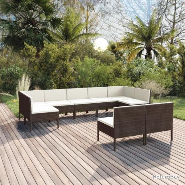 Salon de jardin 9 pcs avec coussins Rsine tresse Marron