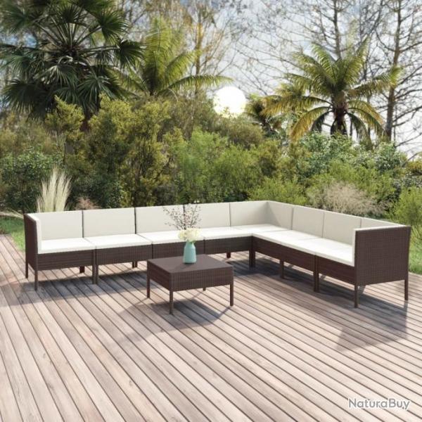 Salon de jardin 9 pcs avec coussins Rsine tresse Marron