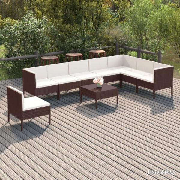 Salon de jardin 9 pcs avec coussins Rsine tresse Marron