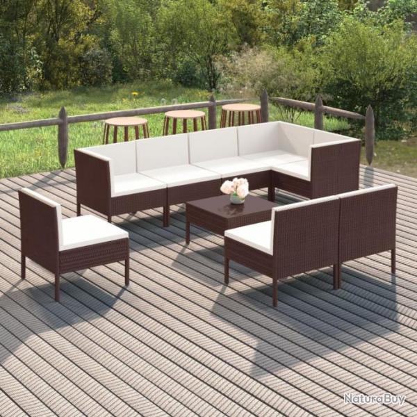 Salon de jardin 9 pcs avec coussins Rsine tresse Marron