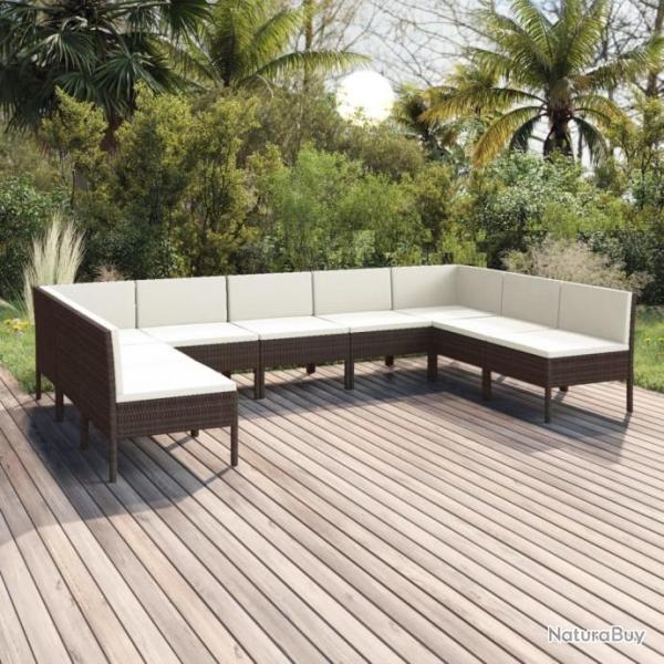 Salon de jardin 9 pcs avec coussins Rsine tresse Marron