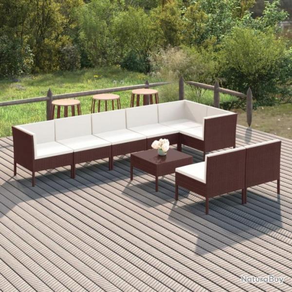 Salon de jardin 9 pcs avec coussins Rsine tresse Marron