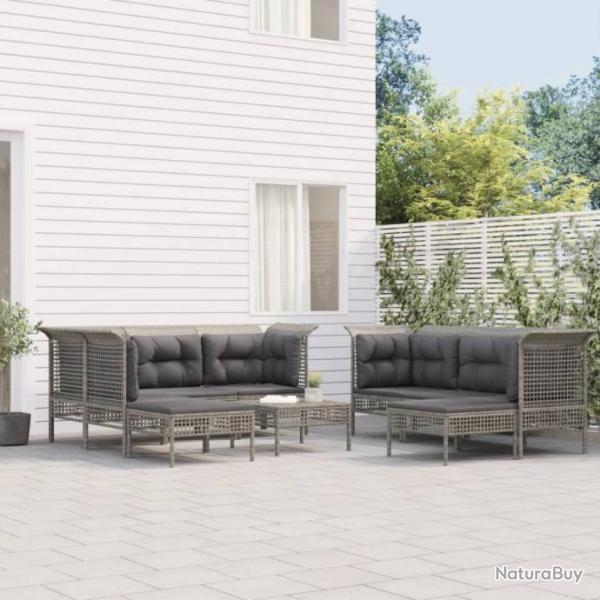 Salon de jardin 9 pcs avec coussins Gris Rsine tresse