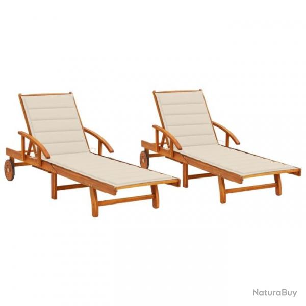 Chaises longues 2 pcs avec coussins Bois d'acacia solide