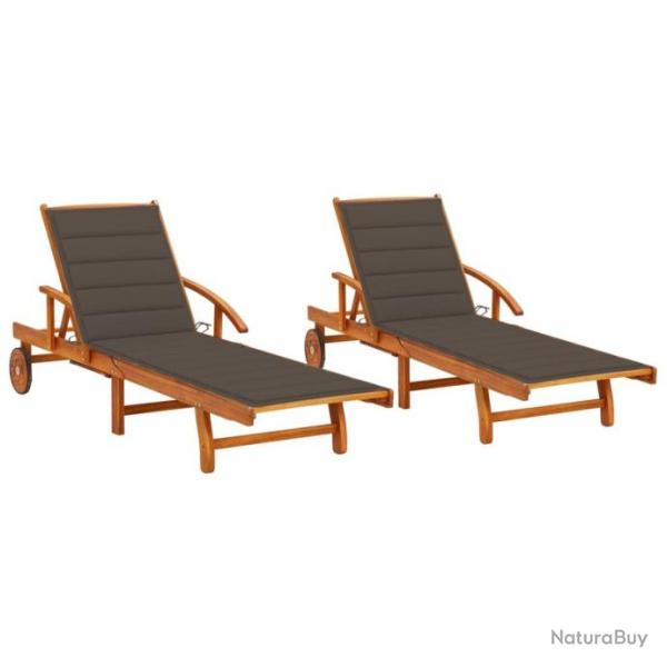 Chaises longues 2 pcs avec coussins Bois d'acacia solide