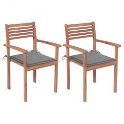 Chaises de jardin 2 pcs avec coussins gris Bois de teck massif