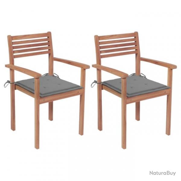 Chaises de jardin 2 pcs avec coussins gris Bois de teck massif