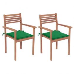 Chaises de jardin 2 pcs avec coussins vert Bois de teck massif