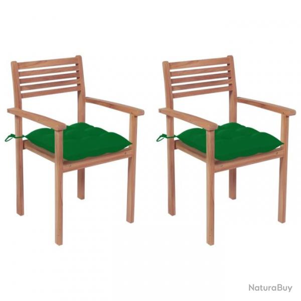 Chaises de jardin 2 pcs avec coussins vert Bois de teck massif