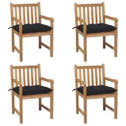 Chaises de jardin 4 pcs avec coussins noir Bois de teck solide