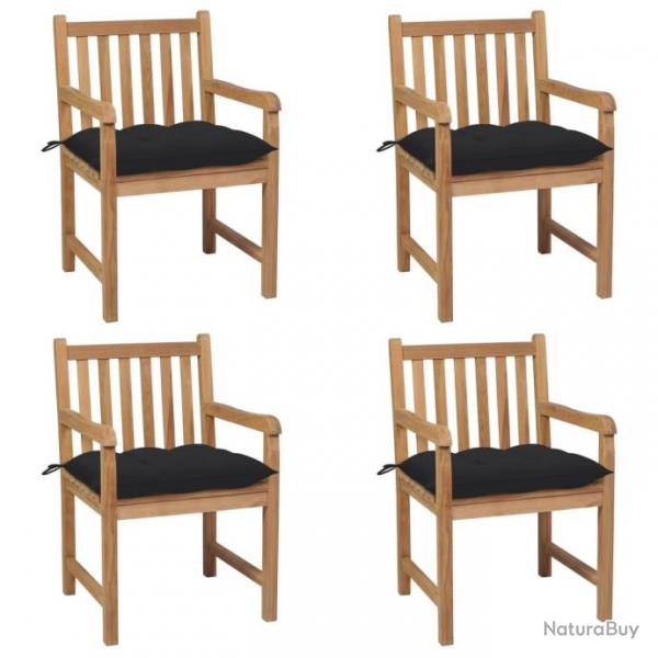 Chaises de jardin 4 pcs avec coussins noir Bois de teck solide