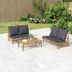 Salon de jardin 3 pcs avec coussins gris foncé bambou