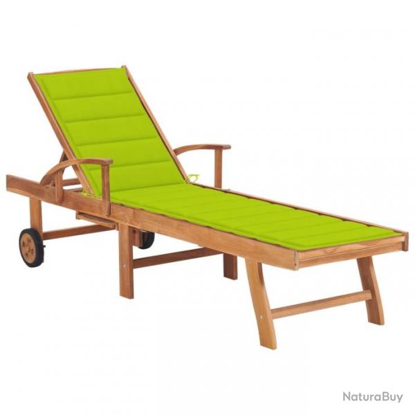 Chaise longue avec coussin vert vif Bois de teck solide