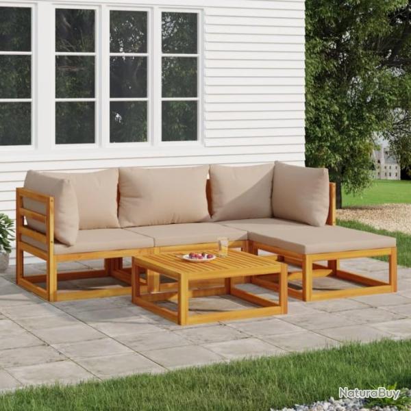 Salon de jardin 5 pcs avec coussins taupe bois massif