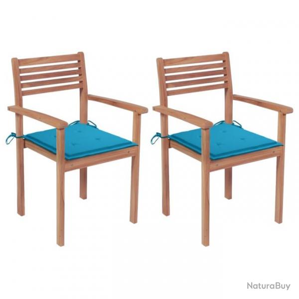 Chaises de jardin 2 pcs avec coussins bleu Bois de teck massif