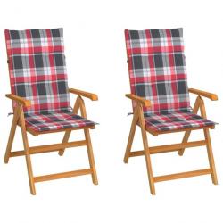 Chaises de jardin 2 pcs avec coussins à carreaux rouge Teck