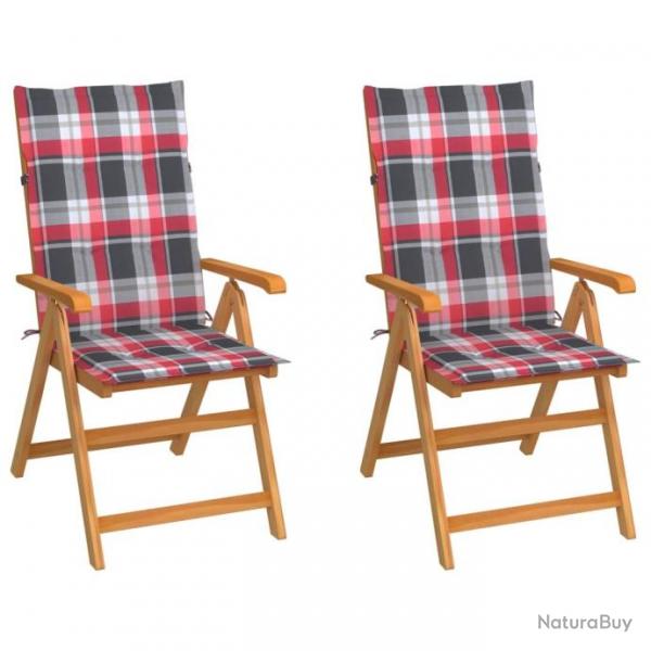 Chaises de jardin 2 pcs avec coussins  carreaux rouge Teck