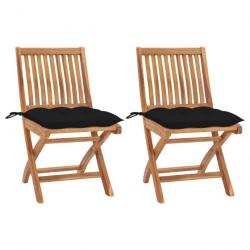 Chaises de jardin 2 pcs avec coussins noir Bois de teck massif