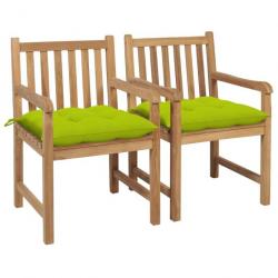 Chaises de jardin 2 pcs avec coussins vert vif Teck massif