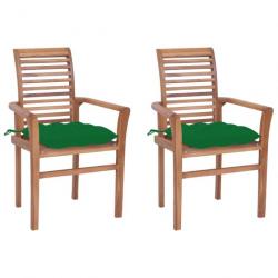 Chaises à dîner 2 pcs avec coussins vert Bois de teck solide