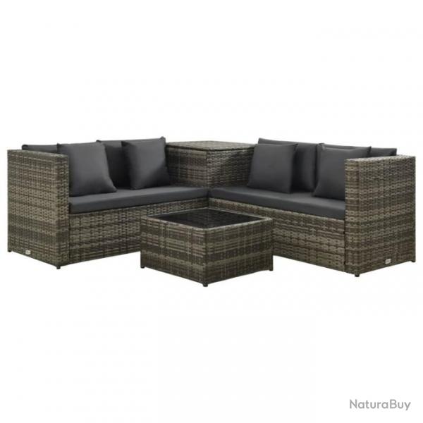 Salon de jardin 4 pcs avec coussins Rsine tresse Gris