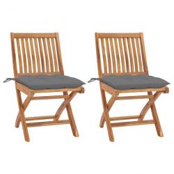 Chaises de jardin 2 pcs avec coussins gris Bois de teck massif