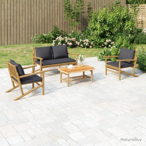 Salon de jardin 4 pcs avec coussins gris fonc bambou