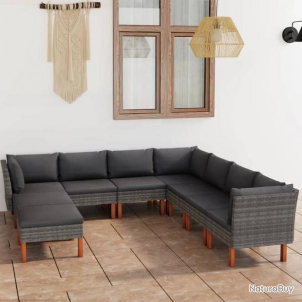 Salon de jardin 9 pcs avec coussins Rsine tresse Gris