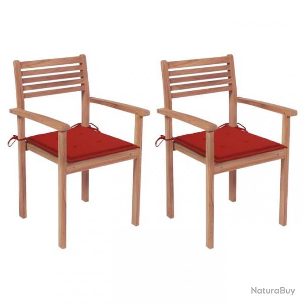 Chaises de jardin 2 pcs avec coussins rouge Bois de teck massif