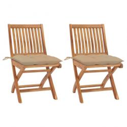 Chaises de jardin 2 pcs avec coussins beige Bois de teck massif