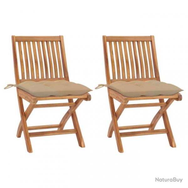 Chaises de jardin 2 pcs avec coussins beige Bois de teck massif