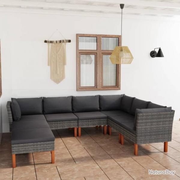 Salon de jardin 8 pcs avec coussins Rsine tresse Gris