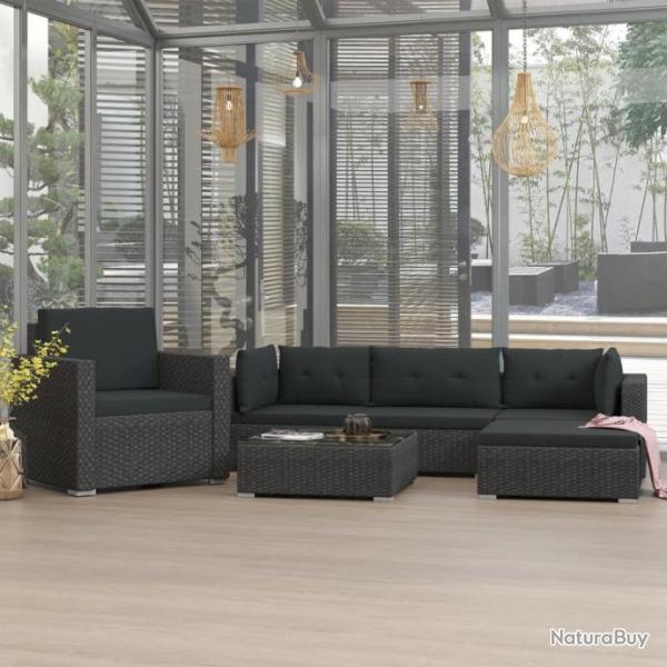 Salon de jardin 6 pcs avec coussins Rsine tresse Noir