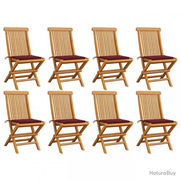 Chaises de jardin avec coussins bordeaux 8 pcs Teck massif