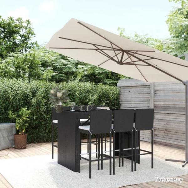 Ensemble de bar de jardin 7 pcs avec coussins noir poly rotin