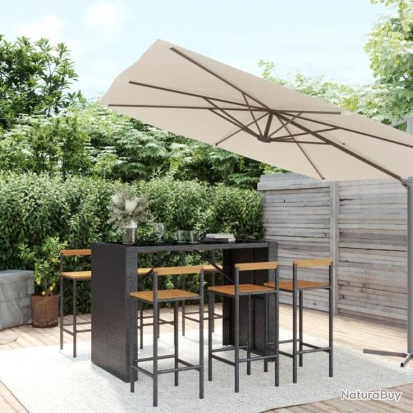 Ensemble de bar jardin 7 pcs noir poly rotin/bois massif acacia