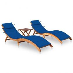 Chaises longues 2 pcs avec table et coussins Acacia solide