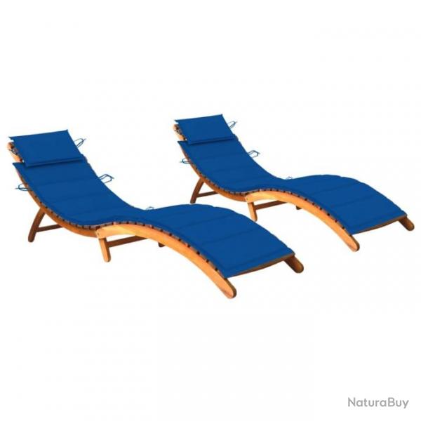 Chaises longues 2 pcs avec coussins Bois d'acacia solide