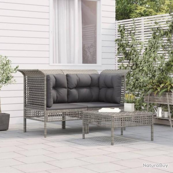 Salon de jardin 3 pcs avec coussins Gris Rsine tresse