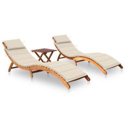 Chaises longues 2 pcs avec table et coussins Acacia solide