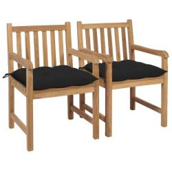 Chaises de jardin 2 pcs avec coussins noir Bois de teck massif