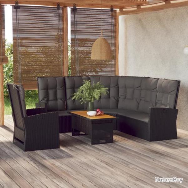 Salon de jardin 3 pcs avec coussins Noir Rsine tresse