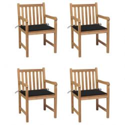 Chaises de jardin 4 pcs avec coussins noir Bois de teck solide