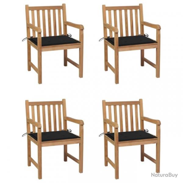 Chaises de jardin 4 pcs avec coussins noir Bois de teck solide