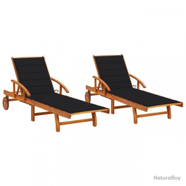 Chaises longues 2 pcs avec coussins Bois d'acacia solide